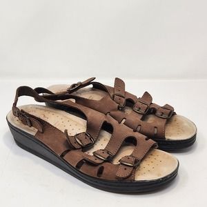 Fly Flot Brown Leather Multi Strap Comfort Sandals Size 39 US 8 Slingback Wedge